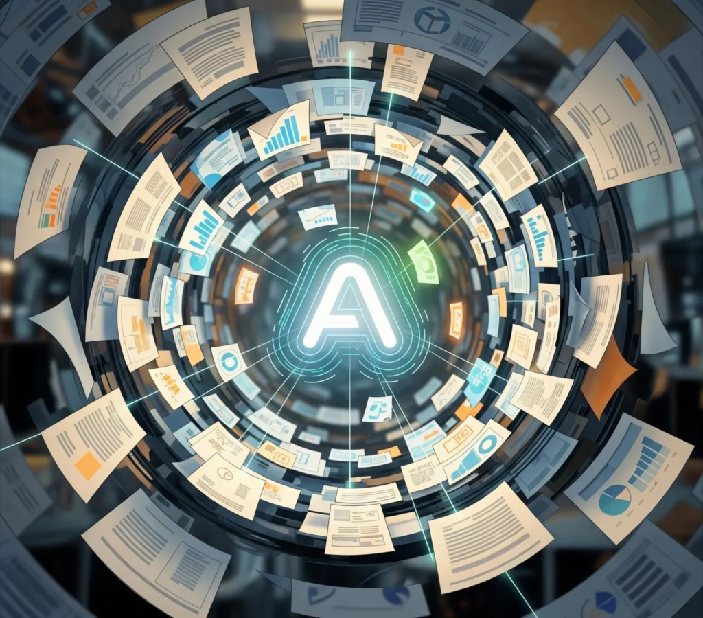 A stylized image of a glowing "A" at the center of a swirling vortex of disorganized documents, symbolizing an AI copilot bringing order to chaos