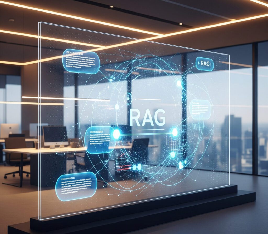 A glowing, interconnected data network on a transparent screen in a modern office, visualizing a RAG system.