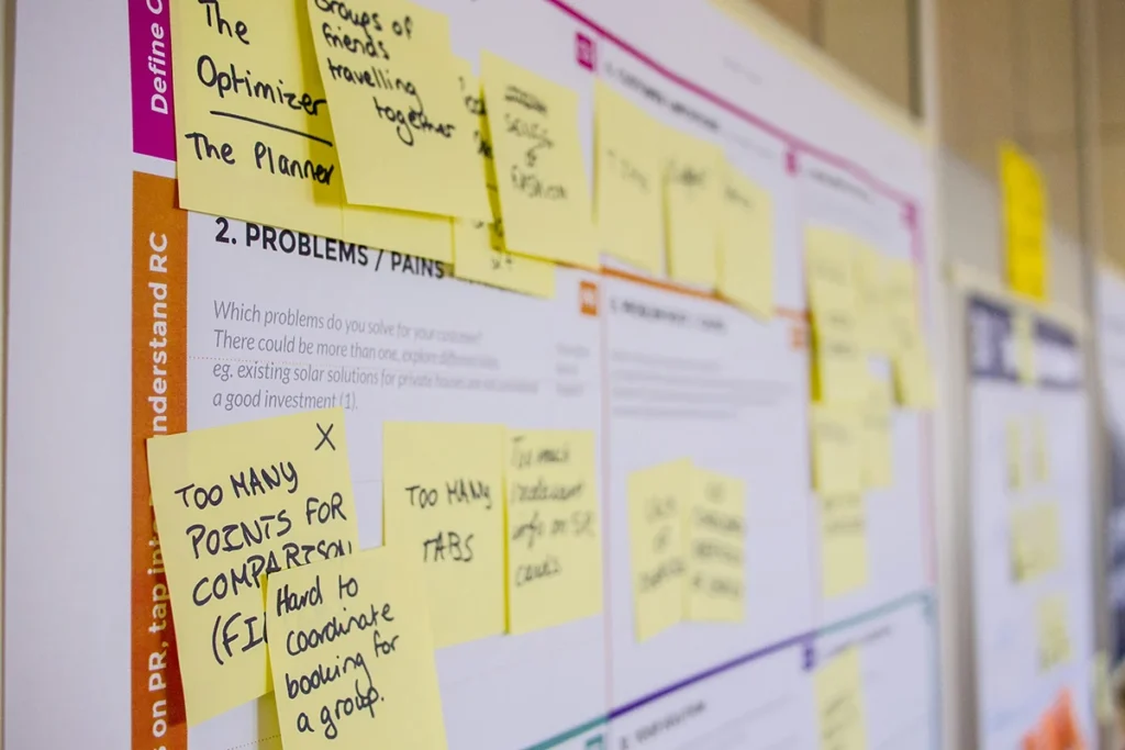 A whiteboard filled with sticky notes and diagrams is shown, illustrating brainstorming, problem-solving, and strategic planning often used in management and consultancy.