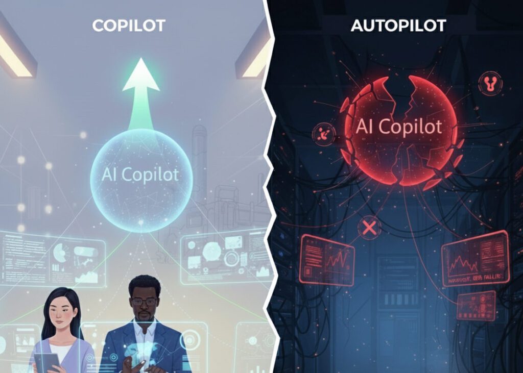 Conceptual split image showing collaborative "AI Copilots" success with human guidance versus isolated "AI Autopilots" failure with full automation.