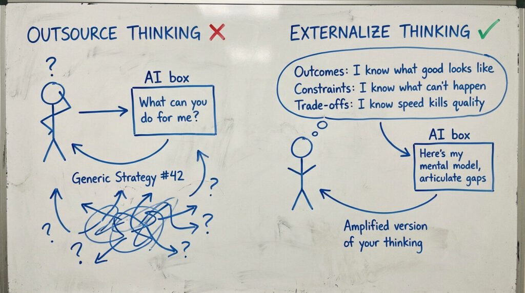 This hero image captures the core concept - the fundamental difference between beginners who outsource their thinking to AI versus experts who externalize their thinking. The split design clearly shows the contrast in approaches and outcomes.